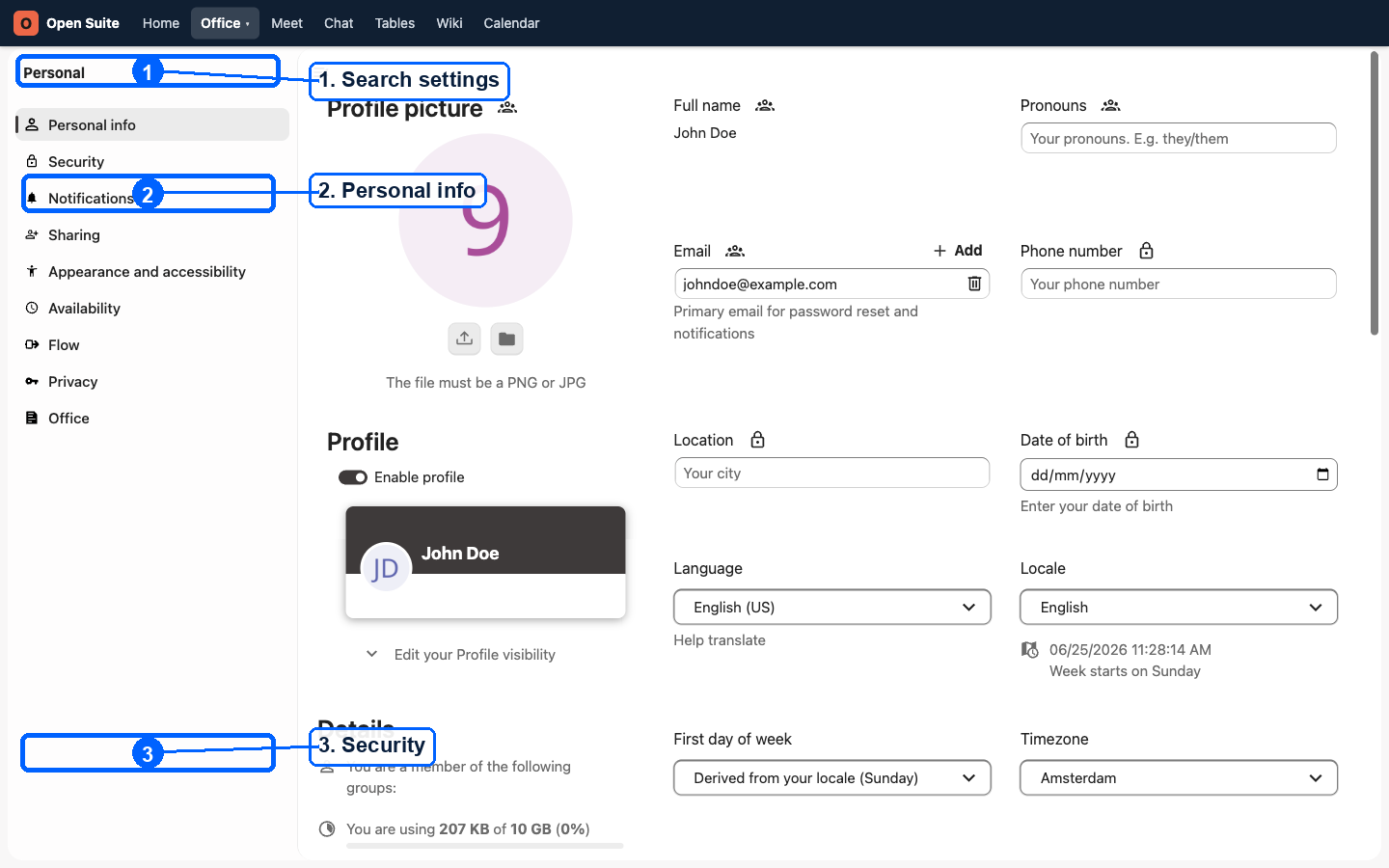 Account settings with key areas marked