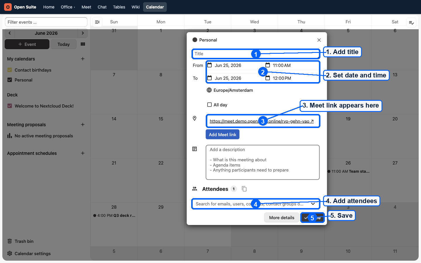 Calendar event form with required fields marked