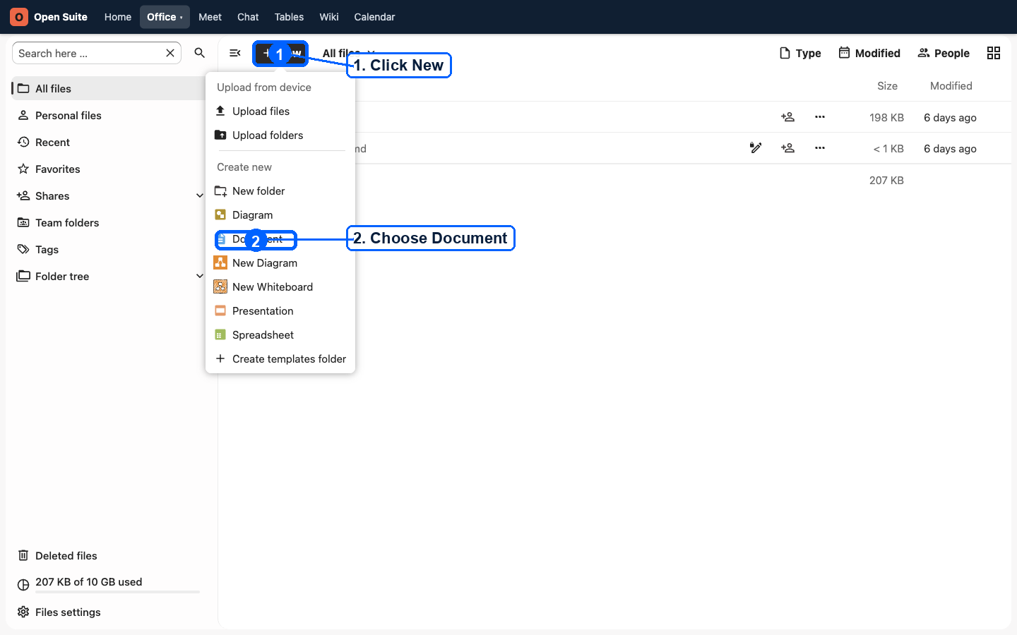 Files New menu with upload and create actions