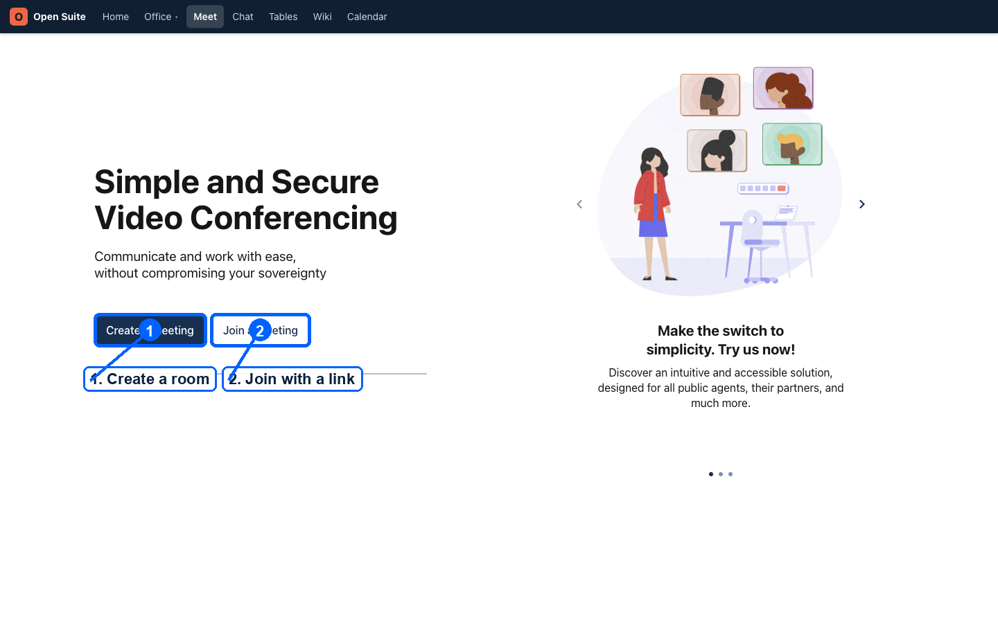 Meet home page with create and join buttons marked
