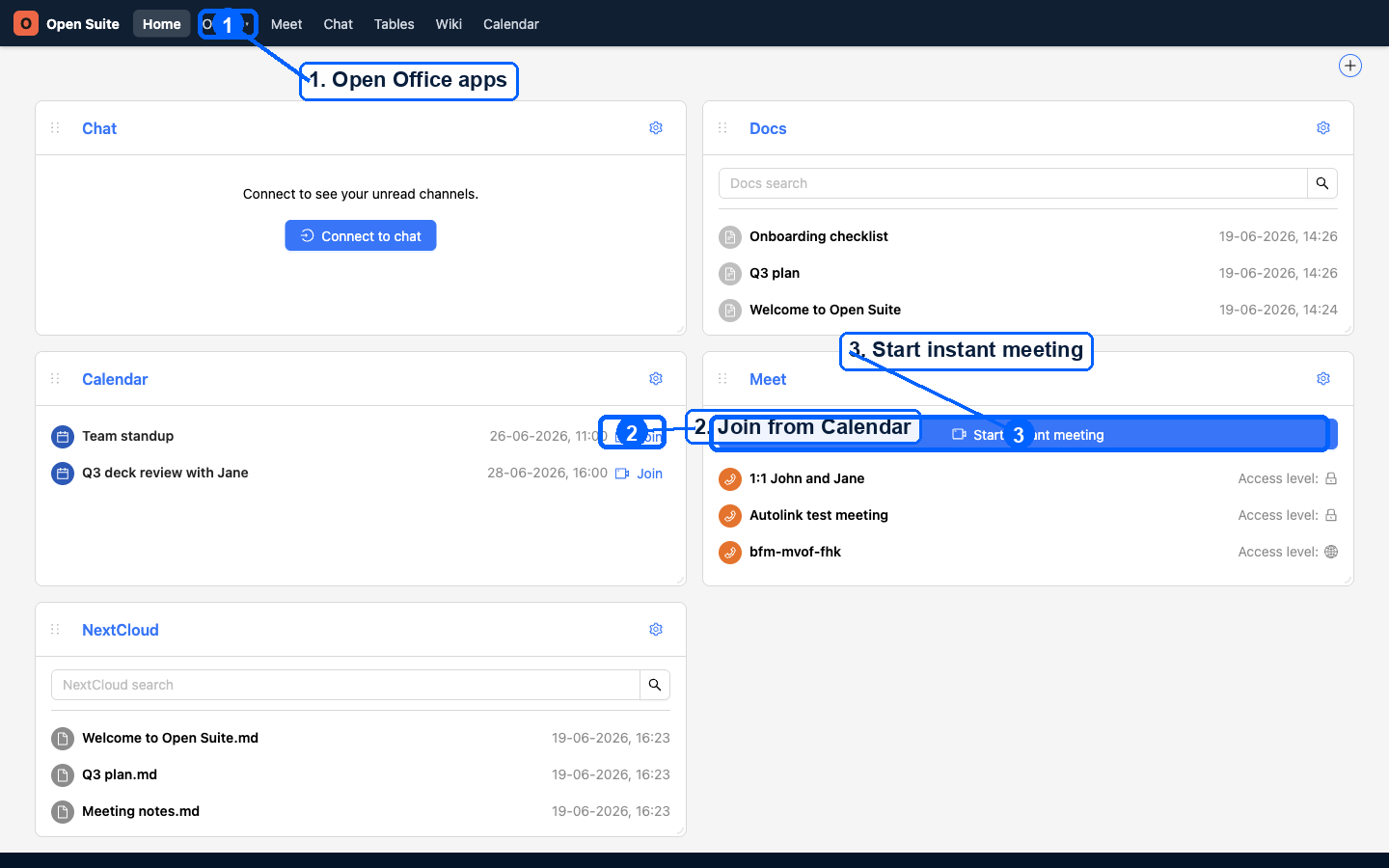 Open Suite dashboard with key actions marked