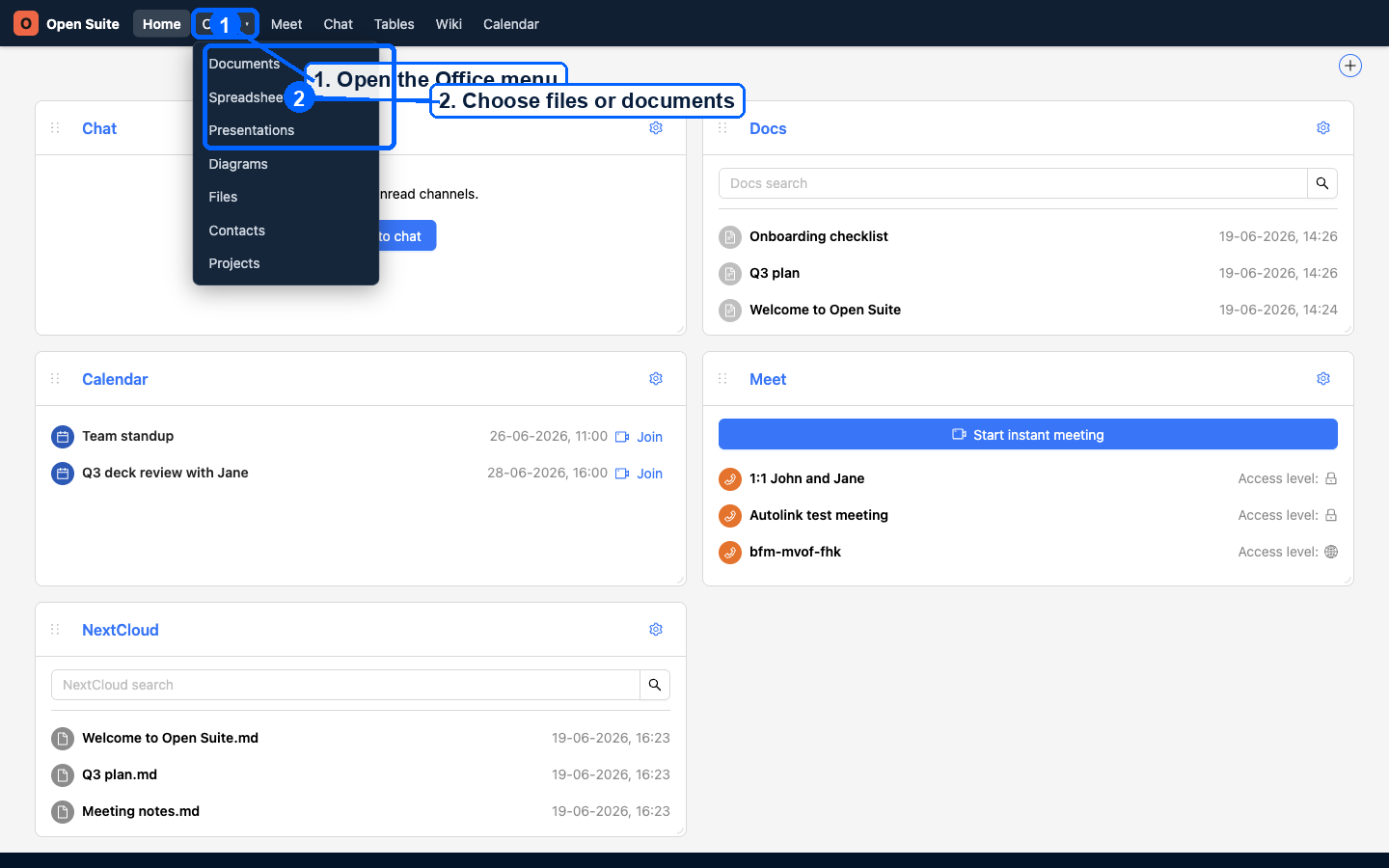 Office menu with document and file apps marked